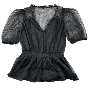 Haute Monde Black Tulle Puff Sleeve Blouse Polka dot Pattern Top Whimsigoth Sz S